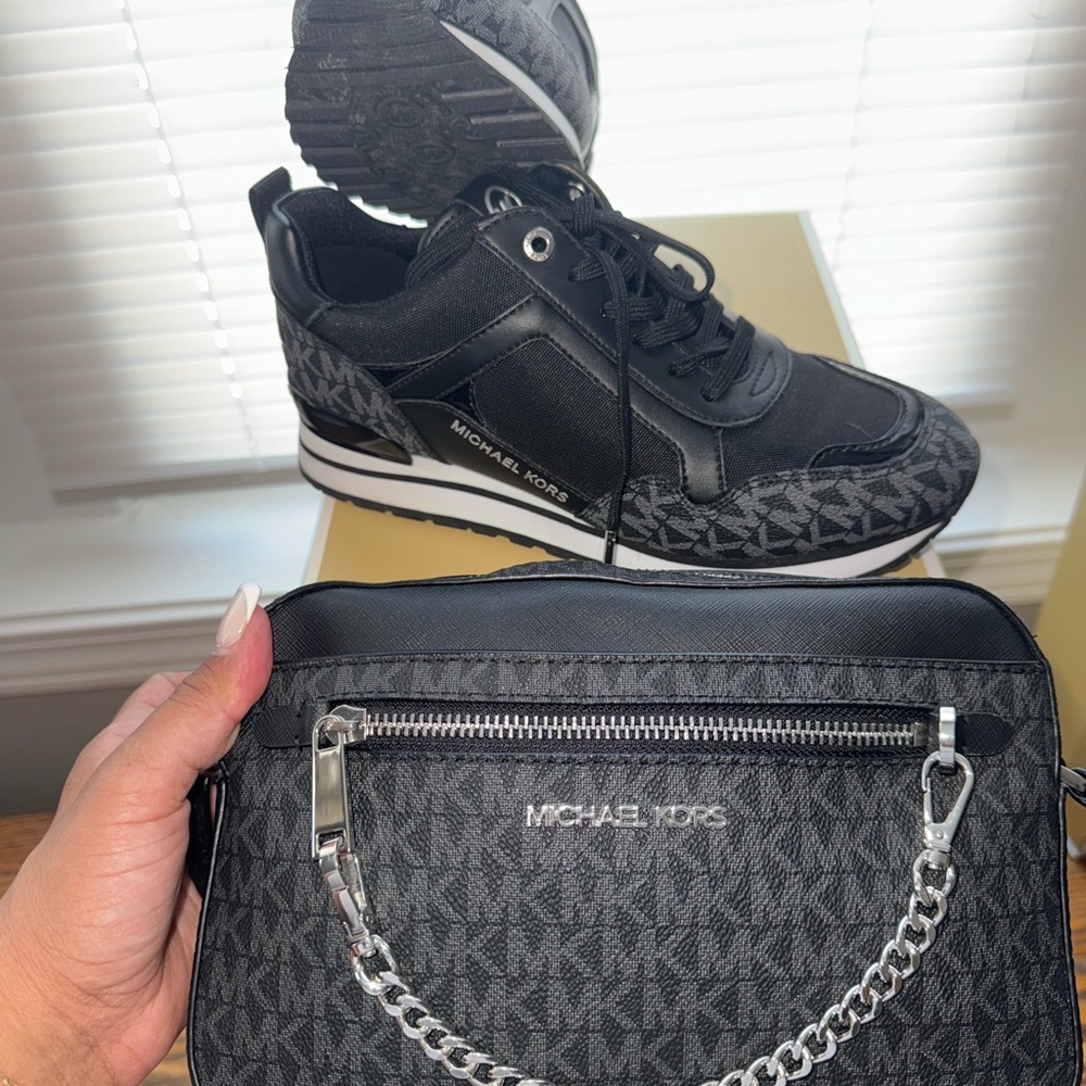Michael Kors Black Monogram Sneakers and Chain Crossbody